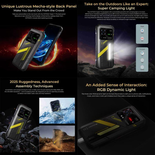  Téléphone robuste HOTWAV Hyper 7, 8 Go + 256 Go, 10 800 mAh, écran 6,6 pouces, Android 14, MediaTek Dimensity 7050 5G, réseau : 5G, OTG, NFC (jaune) SH256Y1179-025